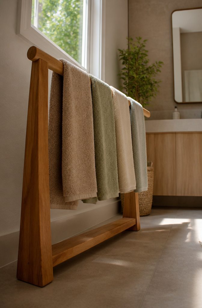 12 Towel Storage Ideas for Every Bathroom (2026) 6 A freestanding towel hanger made of wood in a bathroom.