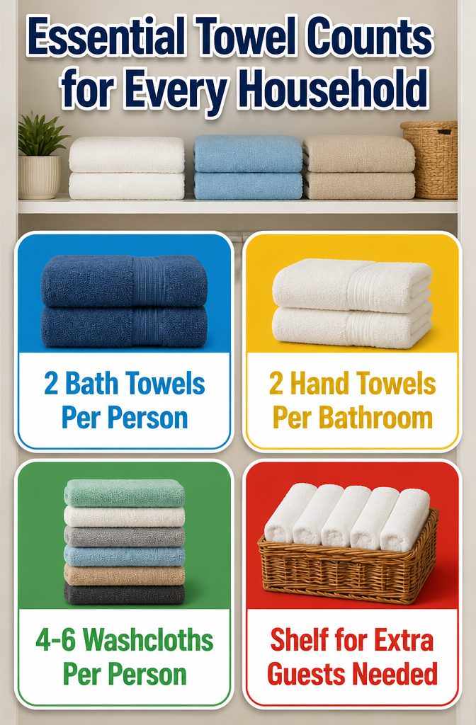 12 Towel Storage Ideas for Every Bathroom (2026) 13 Information image detailing recommended towel counts for households.