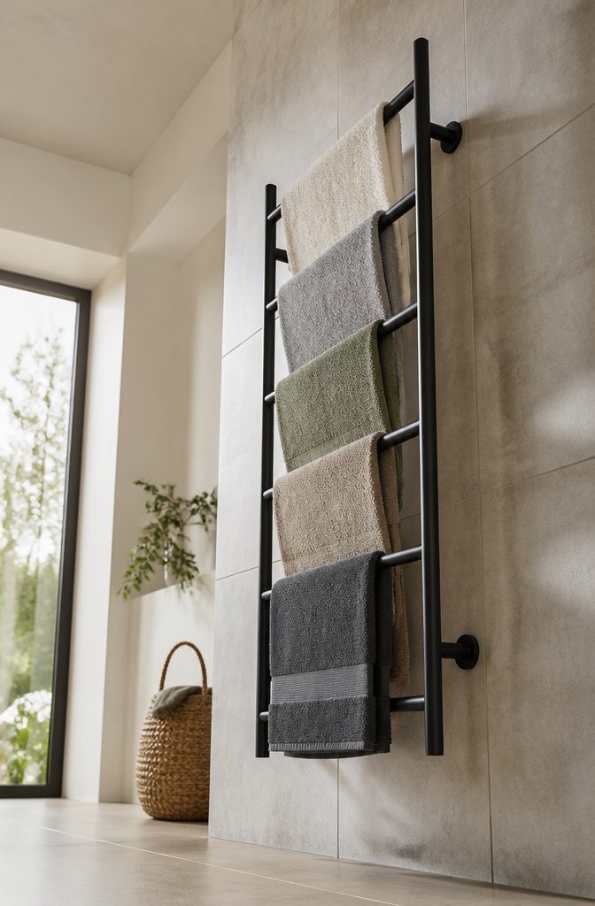 12 Towel Storage Ideas for Every Bathroom (2026) 11 A wall-mounted ladder rack with towels displayed on rungs.