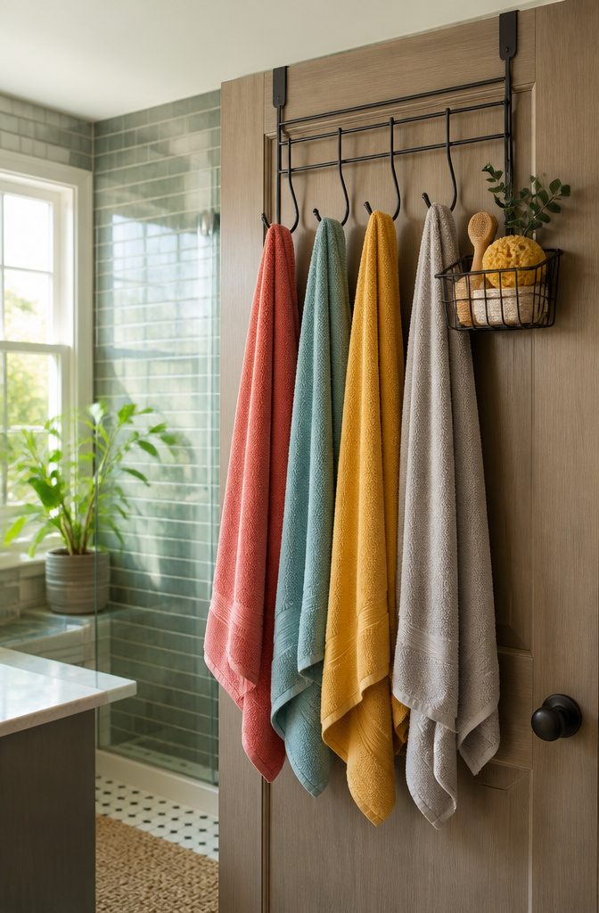 12 Towel Storage Ideas for Every Bathroom (2026) 10 Over-the-door storage rack with hooks for hanging towels.