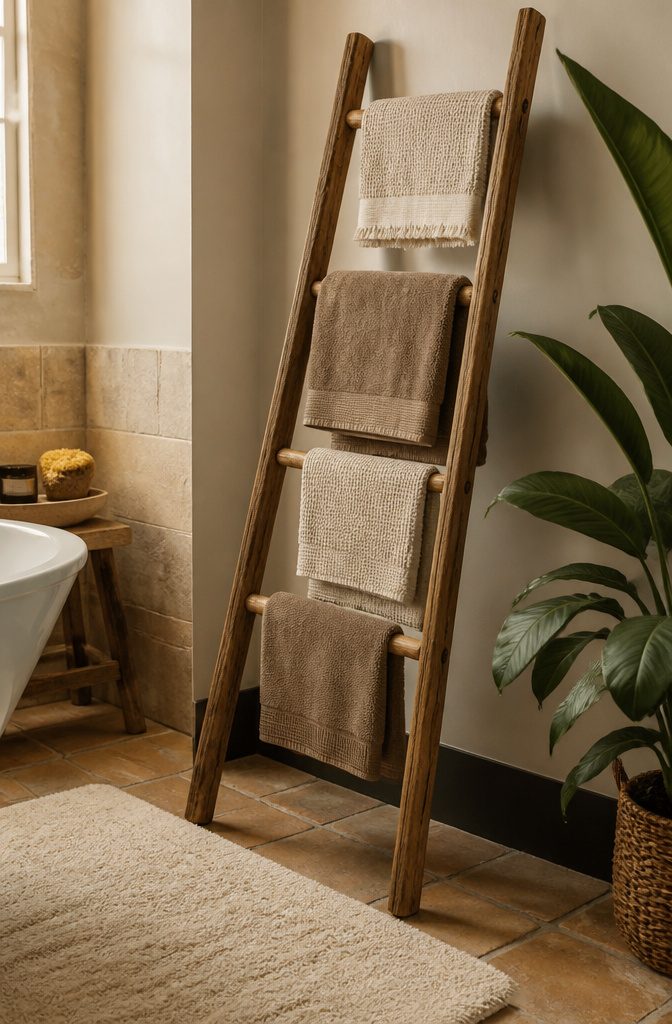 12 Towel Storage Ideas for Every Bathroom (2026) 7 Wooden ladder leaning against a wall with folded towels.