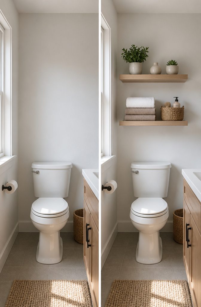 12 Towel Storage Ideas for Every Bathroom (2026) 14 Floating shelves with folded towels and decorative items.