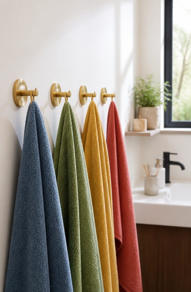 12 Towel Storage Ideas for Every Bathroom (2026) 1 Brass towel hooks on a white wall holding colorful towels.