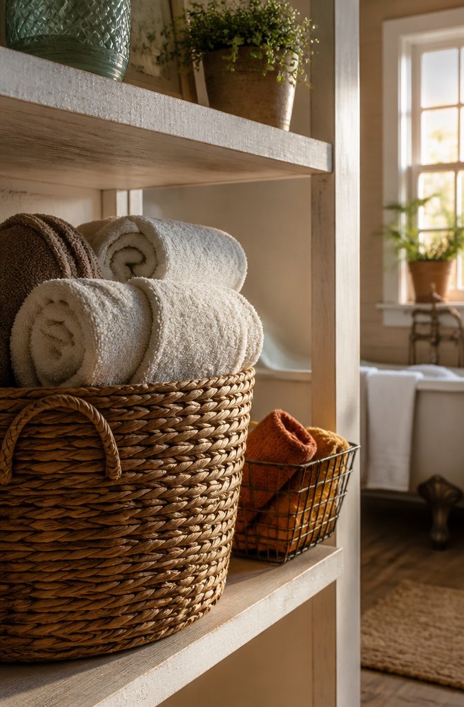 12 Towel Storage Ideas for Every Bathroom (2026) 2 A seagrass basket filled with rolled towels beside a wire basket.