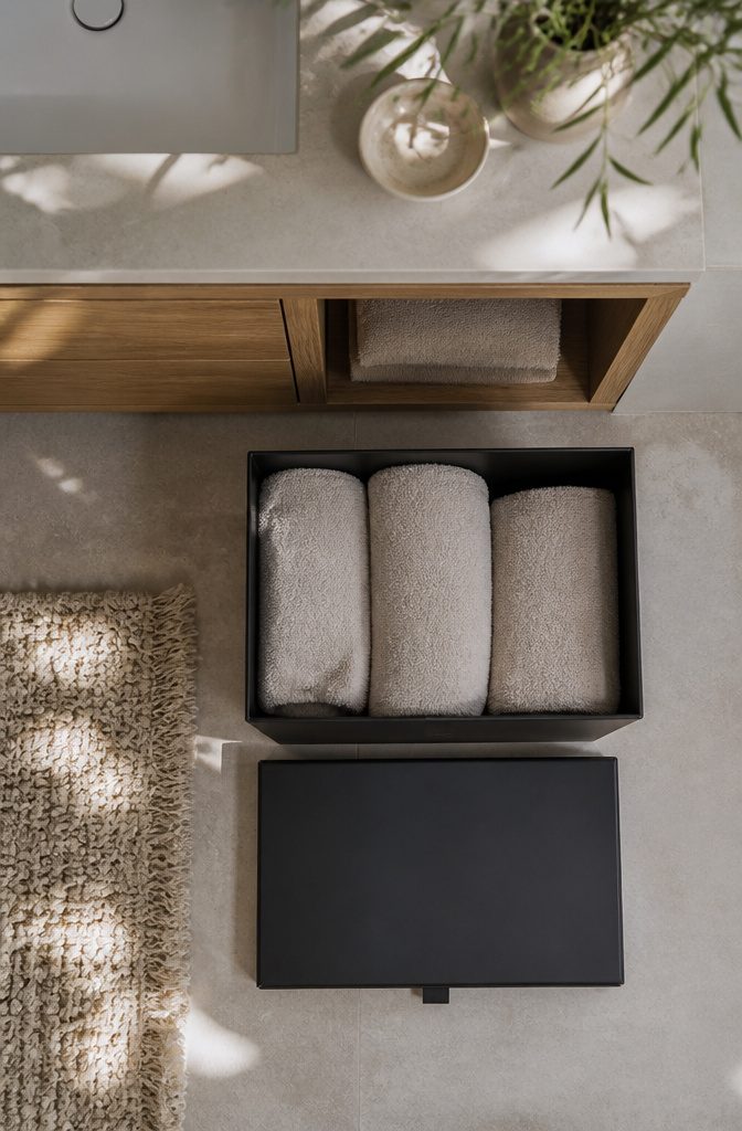 12 Towel Storage Ideas for Every Bathroom (2026) 4 Lidded storage boxes holding towels beneath a bathroom vanity.