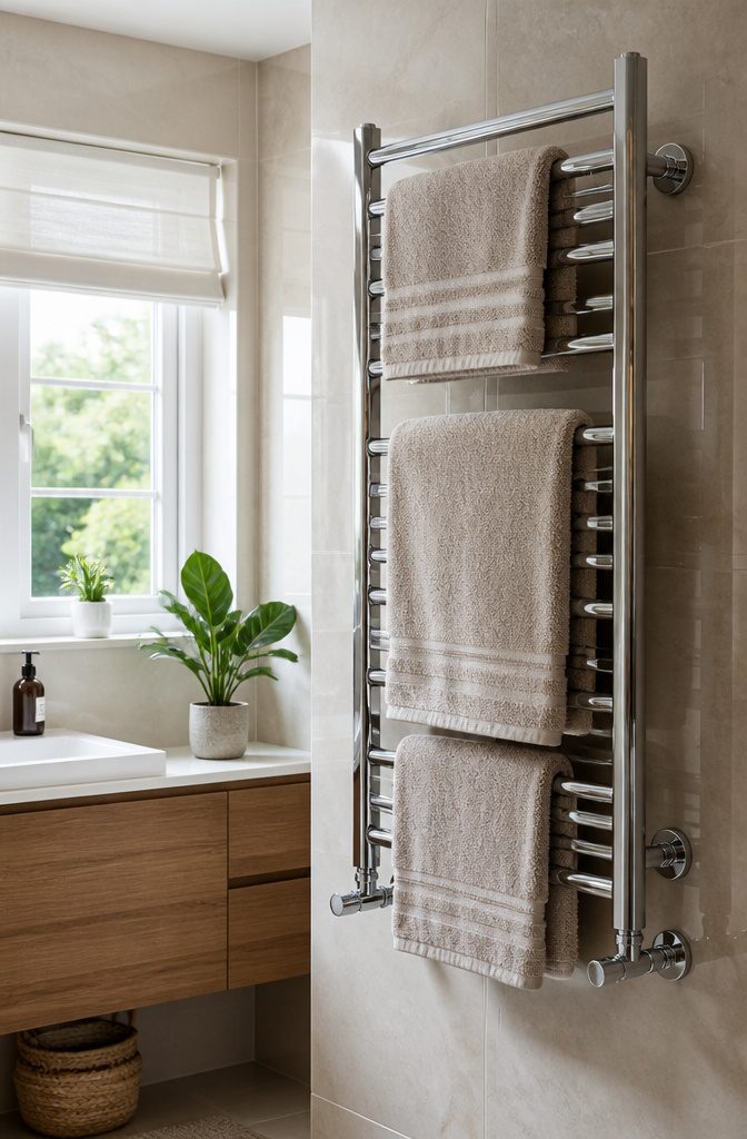 12 Towel Storage Ideas for Every Bathroom (2026) 12 Stylish towel warmer with neatly arranged towels in a bathroom.