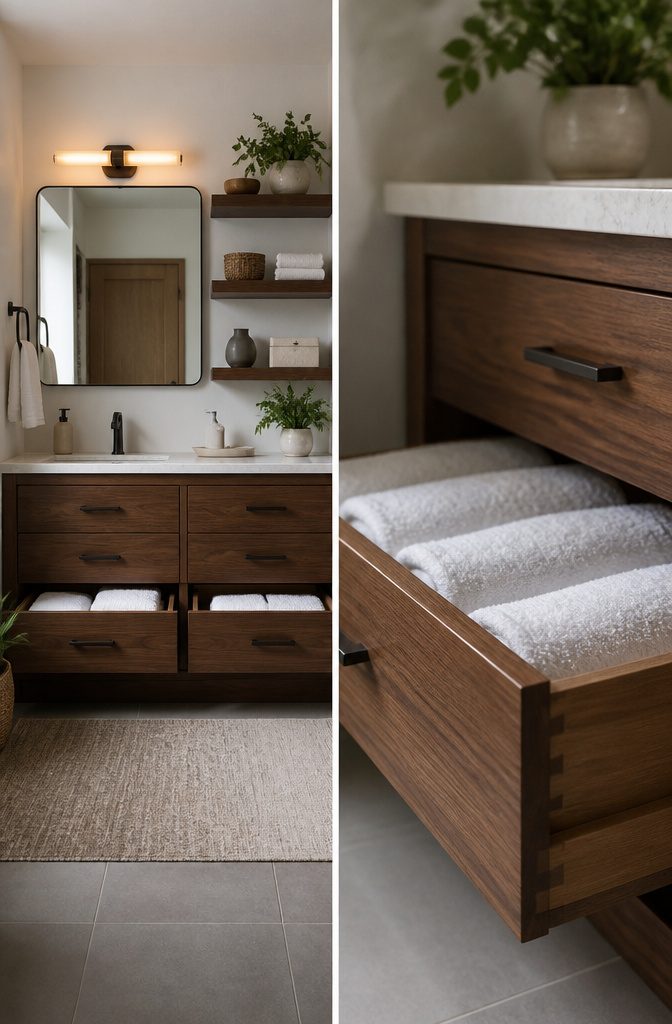 12 Towel Storage Ideas for Every Bathroom (2026) 8 Bathroom vanity with drawers containing neatly stored towels.
