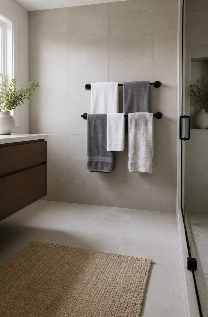 12 Towel Storage Ideas for Every Bathroom (2026) 5 Wall-mounted towel rack with multiple bars for hanging towels.