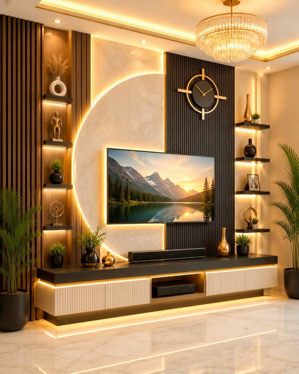 39 TV Design Ideas, from Built-In Shelving to Fireplace Walls 15 Wall-mounted TV with a circular backlit panel and modern floating console unit.