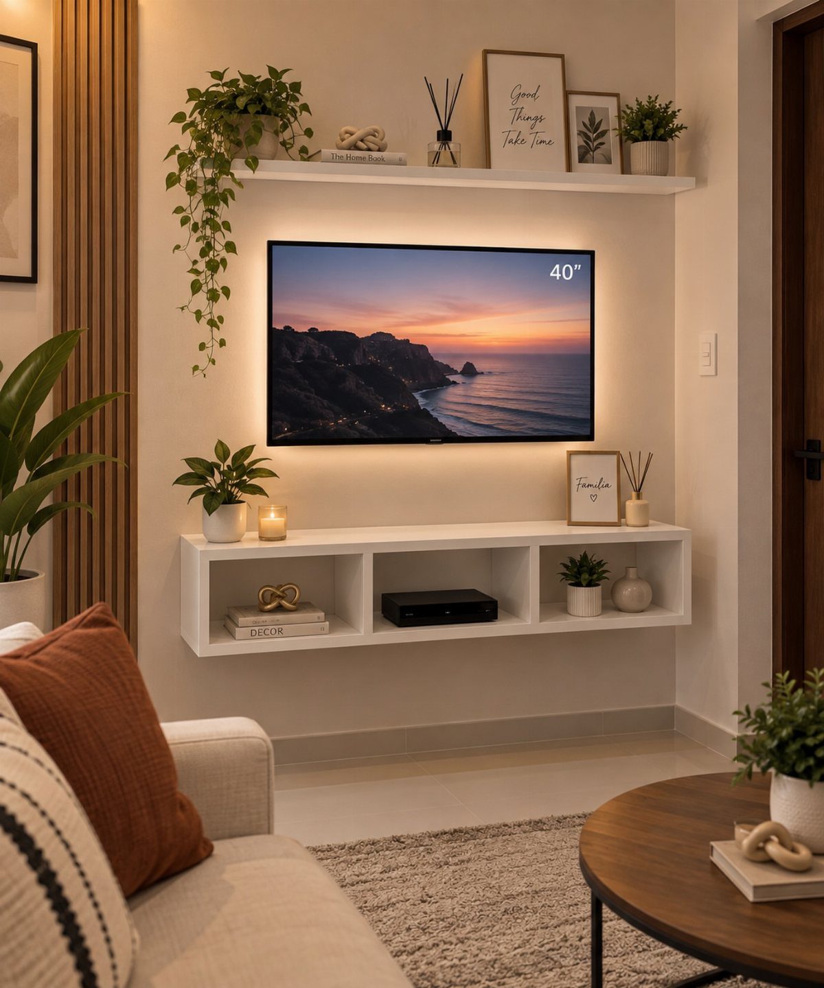 39 TV Design Ideas, from Built-In Shelving to Fireplace Walls 13 Wall-mounted television with warm backlighting and white floating shelves in a modern living room.