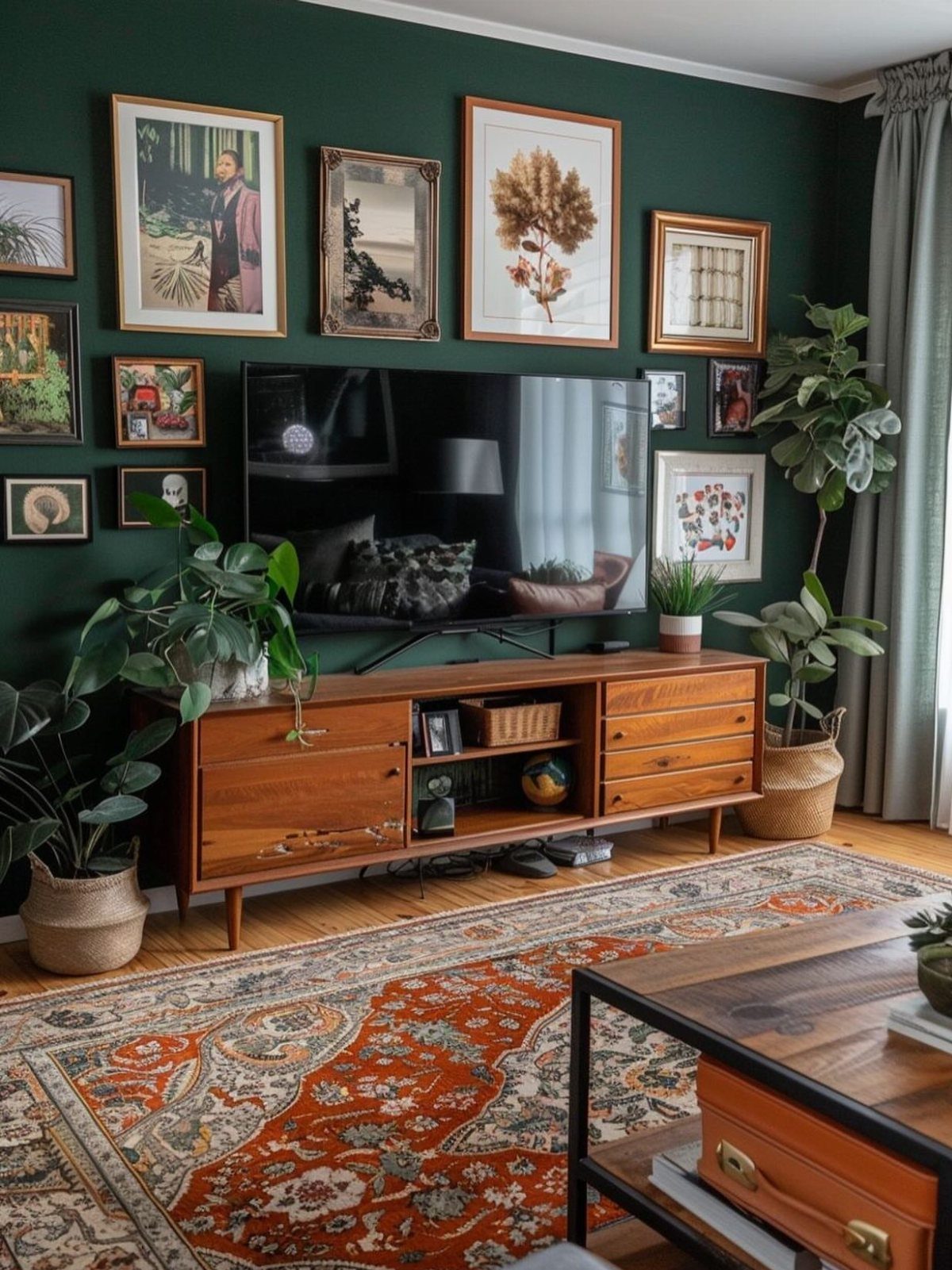 39 TV Design Ideas, from Built-In Shelving to Fireplace Walls 2 Television integrated into a gallery wall with framed art on a dark green wall.