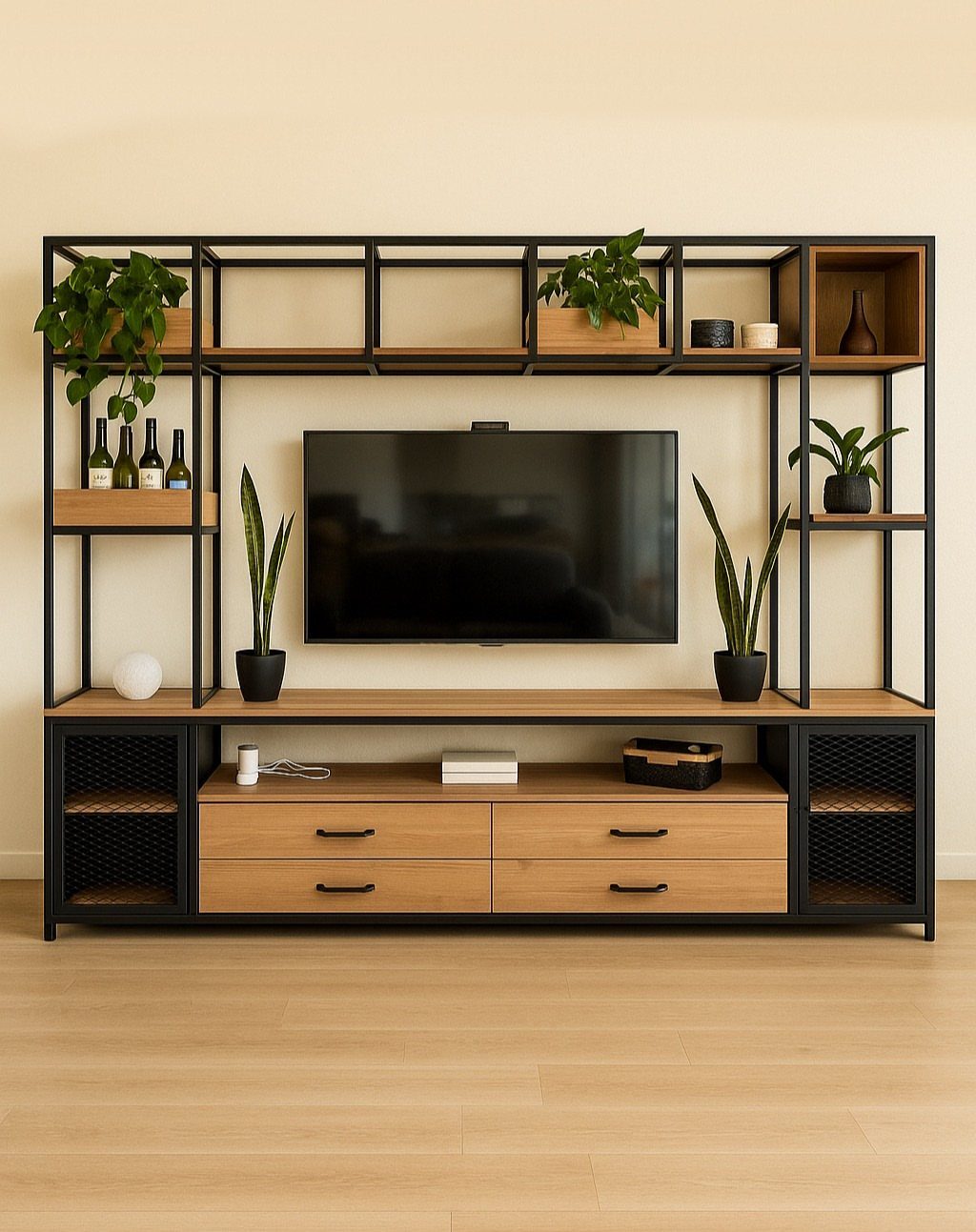 39 TV Design Ideas, from Built-In Shelving to Fireplace Walls 27 Industrial-chic TV unit with black metal framing, light wood accents, and indoor plants.
