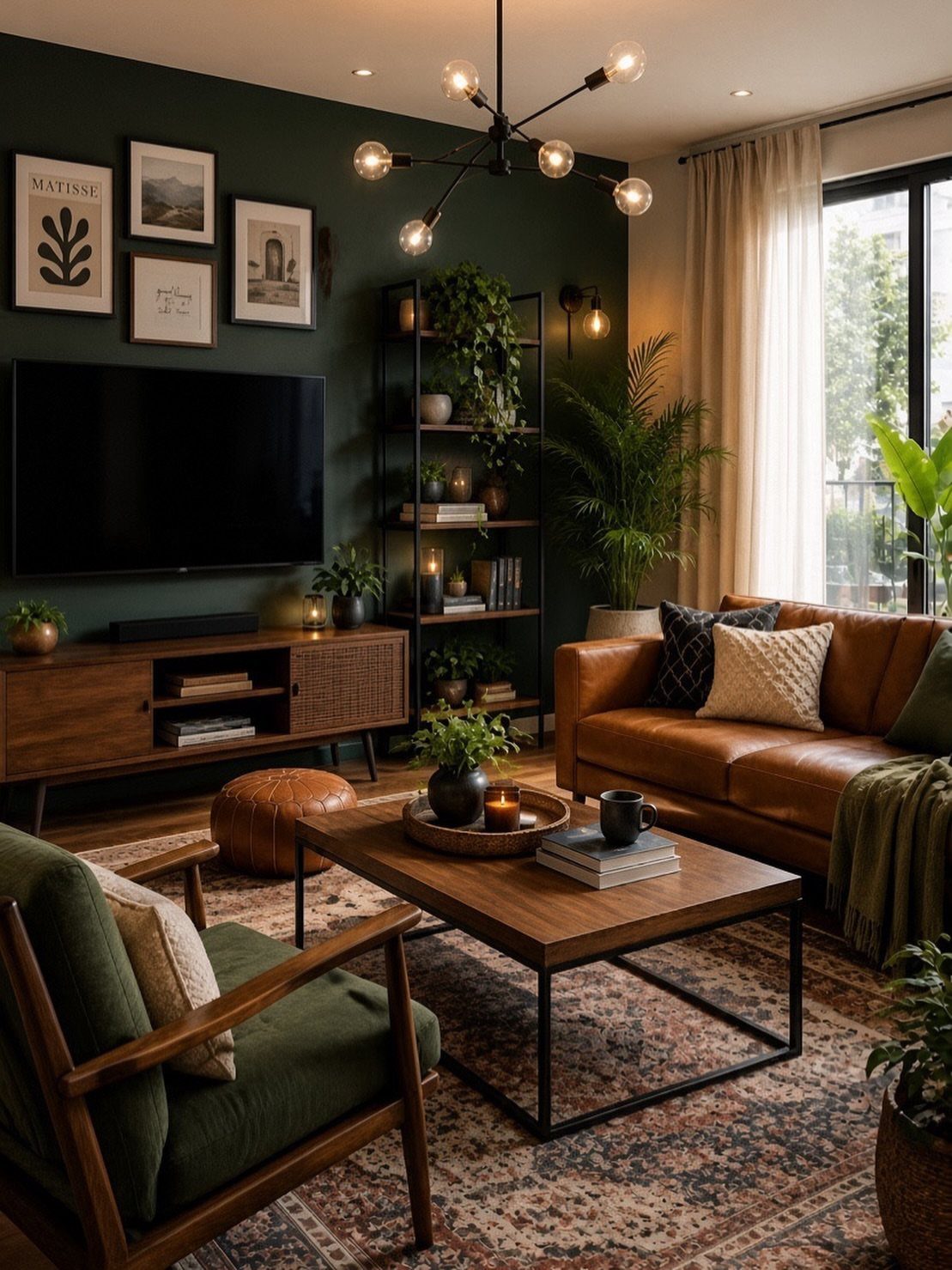 39 TV Design Ideas, from Built-In Shelving to Fireplace Walls 3 Dark green accent wall with a mounted TV and mid-century modern furniture.