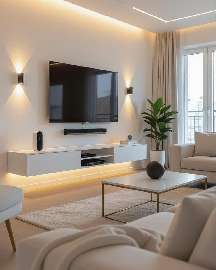 39 TV Design Ideas, from Built-In Shelving to Fireplace Walls 22 Wall-mounted TV above a slim white floating console in a modern living room