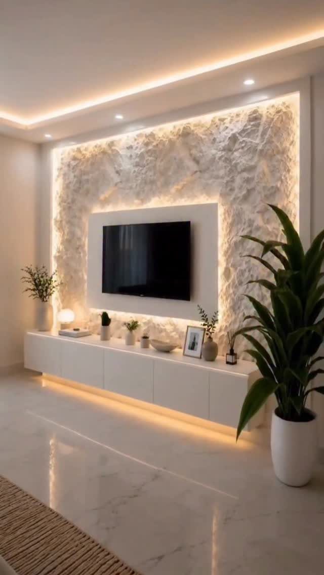 39 TV Design Ideas, from Built-In Shelving to Fireplace Walls 10 Wall-mounted TV on a textured white stone accent wall with a floating white console.