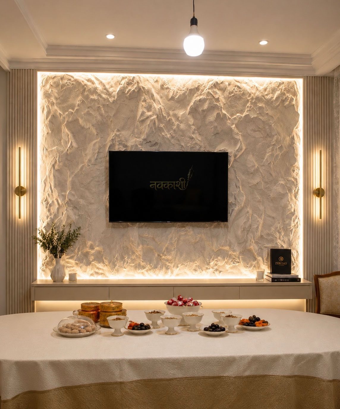 39 TV Design Ideas, from Built-In Shelving to Fireplace Walls 32 Flat-screen TV mounted on a white textured 3D wall with warm ambient lighting