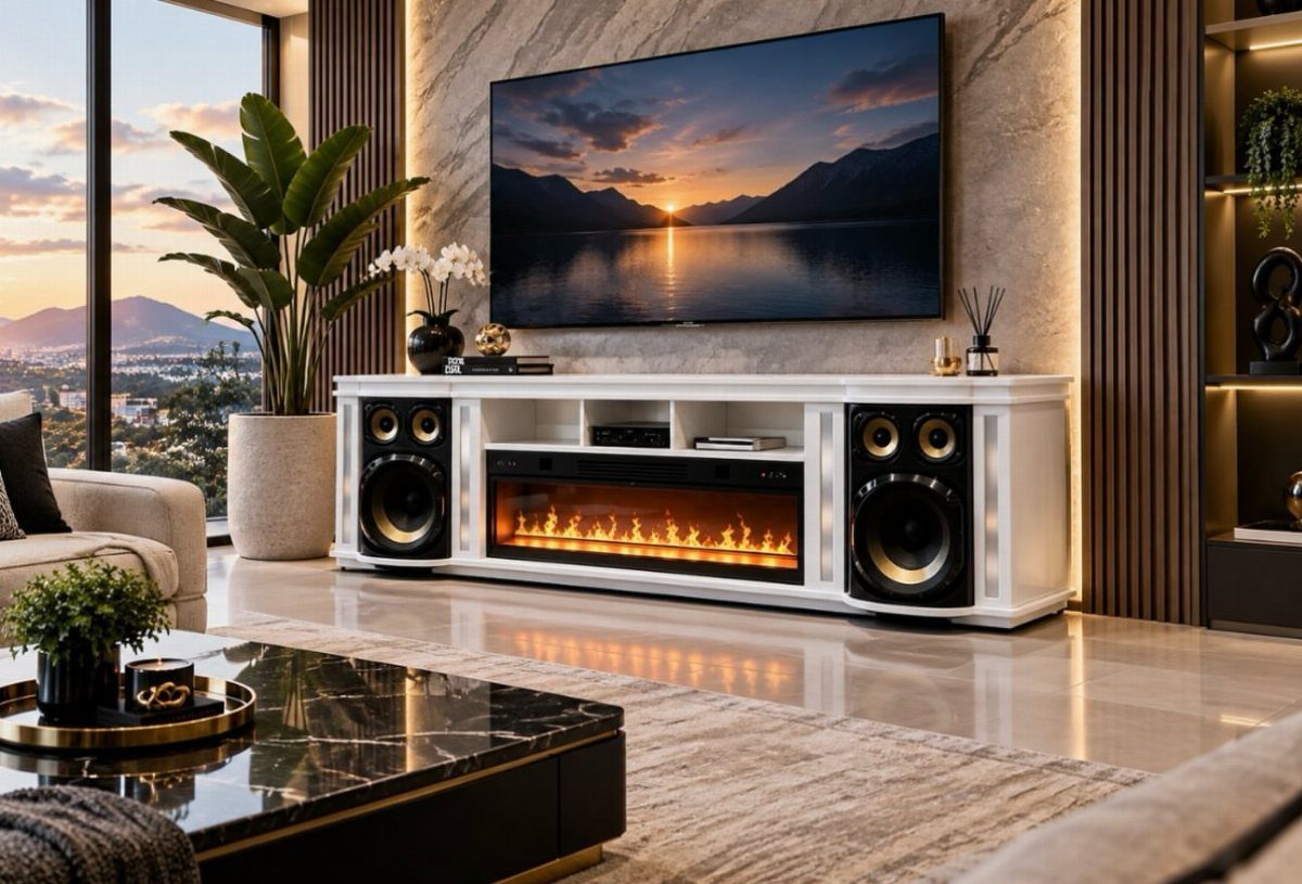 39 TV Design Ideas, from Built-In Shelving to Fireplace Walls 9 Wall-mounted TV above a white entertainment center with an integrated electric fireplace and speakers.