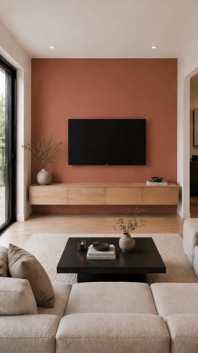 39 TV Design Ideas, from Built-In Shelving to Fireplace Walls 6 Wall-mounted television on a terracotta accent wall with a light wood floating console.