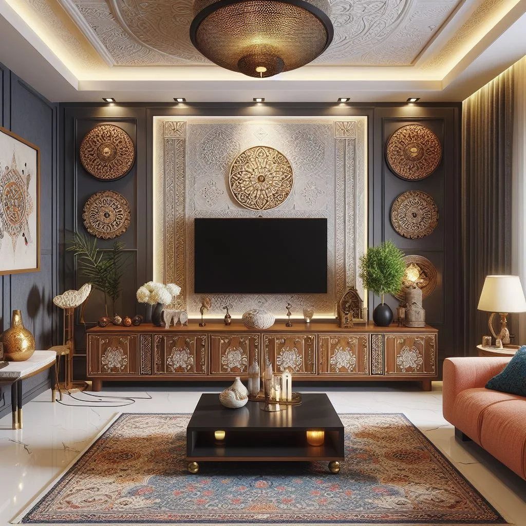 39 TV Design Ideas, from Built-In Shelving to Fireplace Walls 28 Wall-mounted TV with an ornate carved white panel and a vintage wooden console.