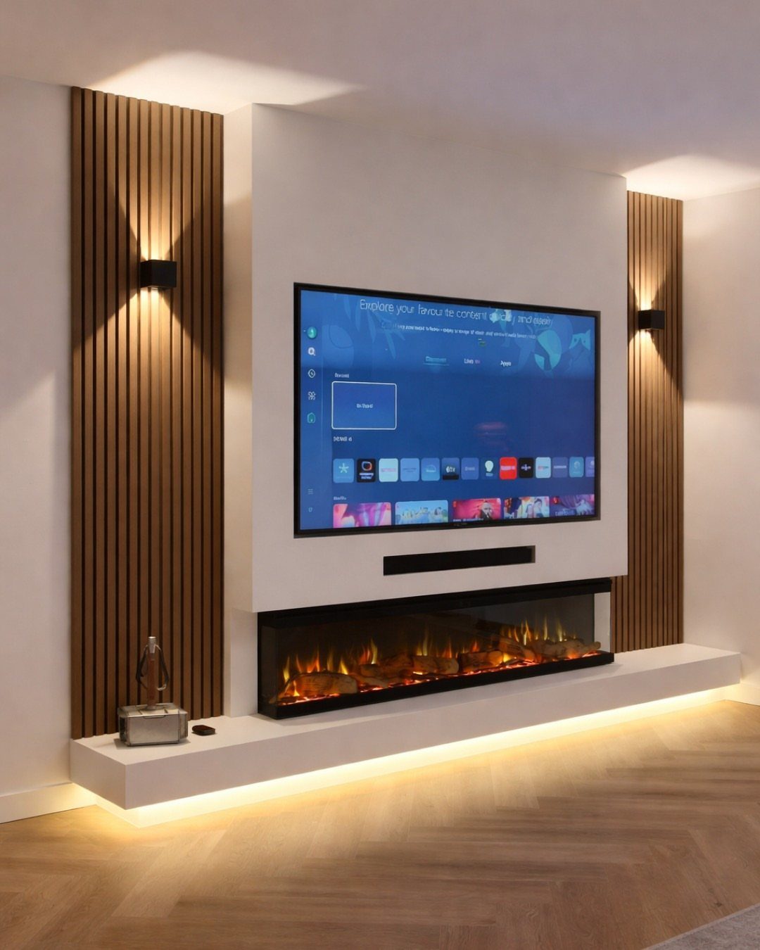 39 TV Design Ideas, from Built-In Shelving to Fireplace Walls 8 Wall-mounted TV above a linear electric fireplace with wooden slat accent walls.