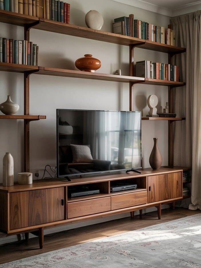 39 TV Design Ideas, from Built-In Shelving to Fireplace Walls 36 Television on a wooden console with floating shelves and books in a living room