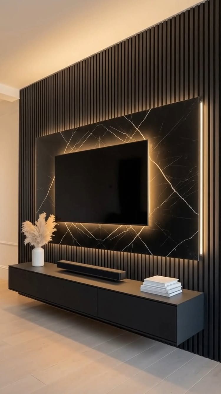 39 TV Design Ideas, from Built-In Shelving to Fireplace Walls 5 Wall-mounted TV on a black marble panel with backlighting and a floating console.