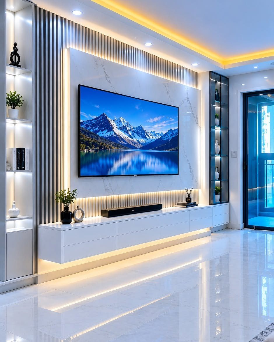 39 TV Design Ideas, from Built-In Shelving to Fireplace Walls 34 Modern TV wall design with marble paneling, floating white console, and warm LED lighting.