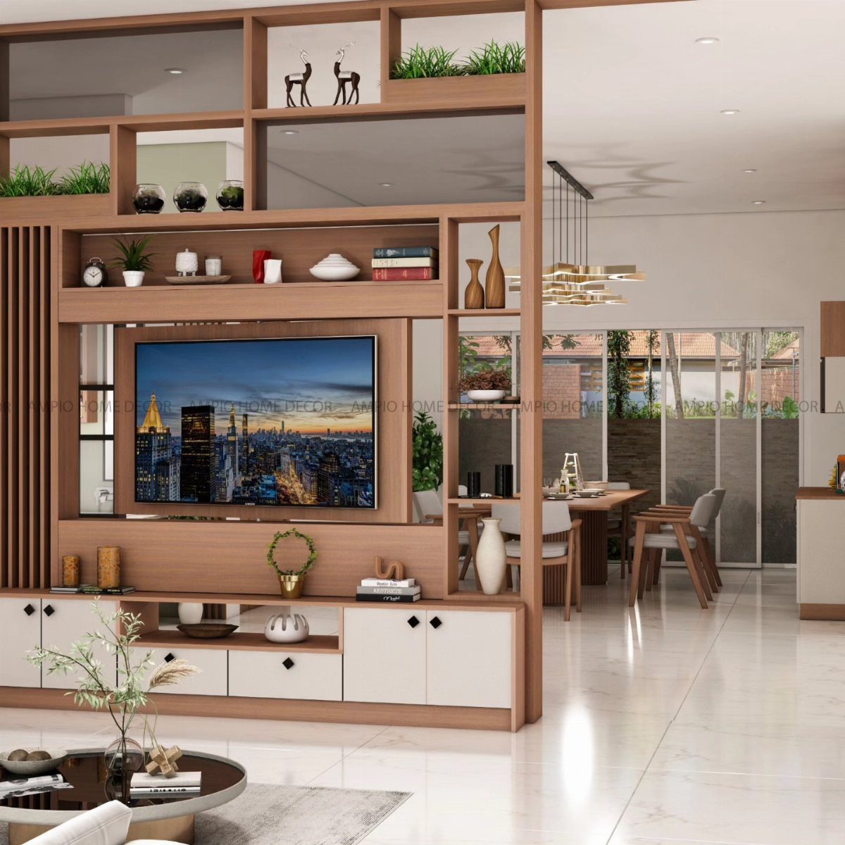 39 TV Design Ideas, from Built-In Shelving to Fireplace Walls 23 Wooden TV partition unit dividing a modern living room from a dining area.