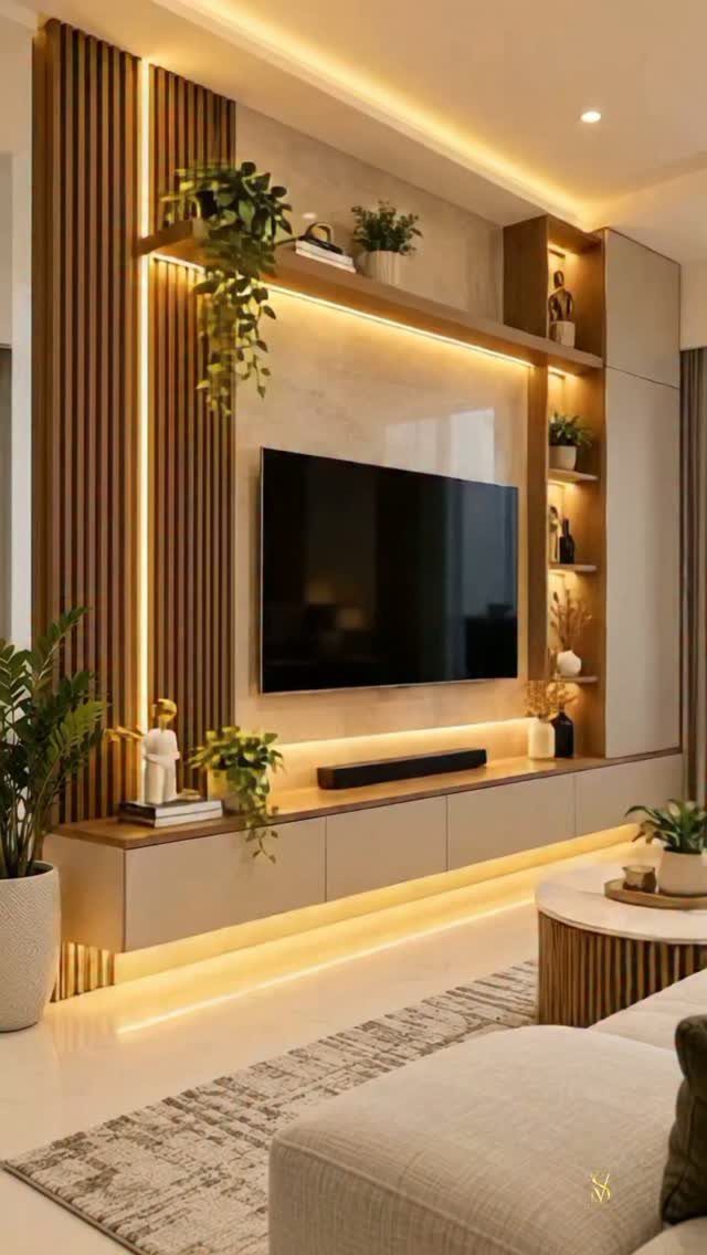 39 TV Design Ideas, from Built-In Shelving to Fireplace Walls 12 Wall-mounted TV surrounded by a floating lower cabinet, upper shelving, and wooden slats.