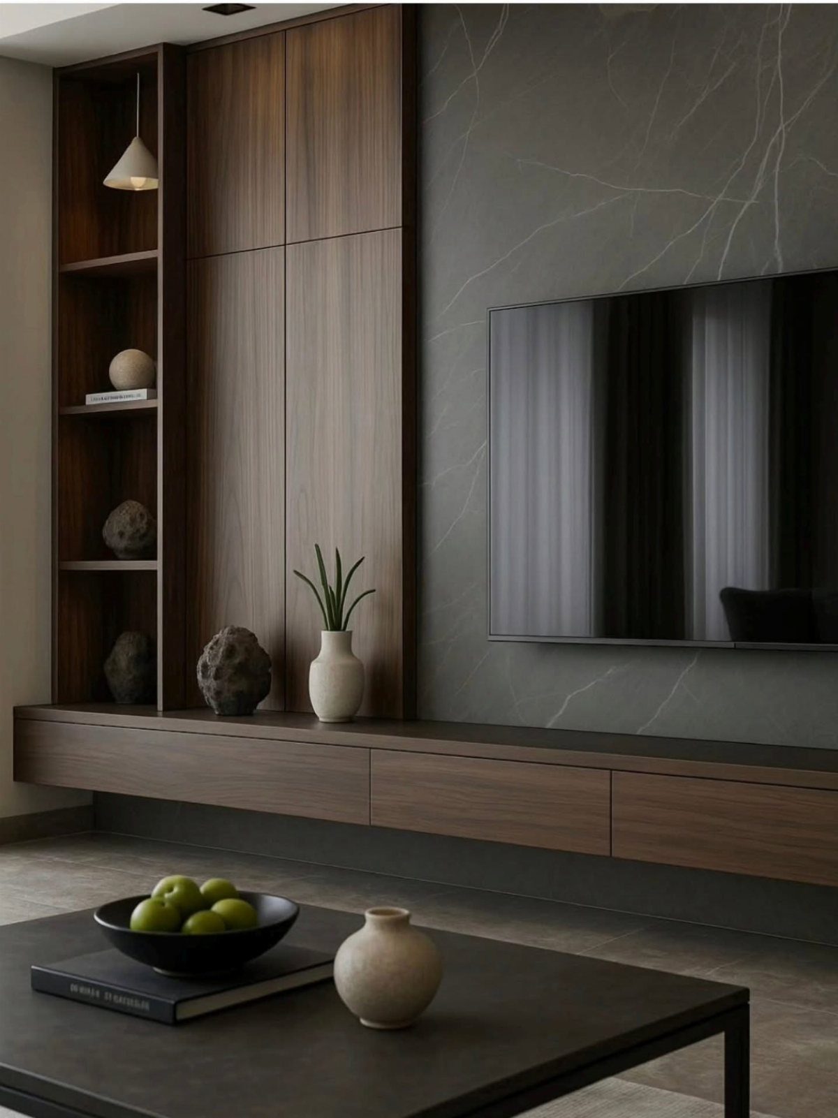 39 TV Design Ideas, from Built-In Shelving to Fireplace Walls 20 Modern TV setup with a wooden unit featuring open shelves and closed storage drawers.