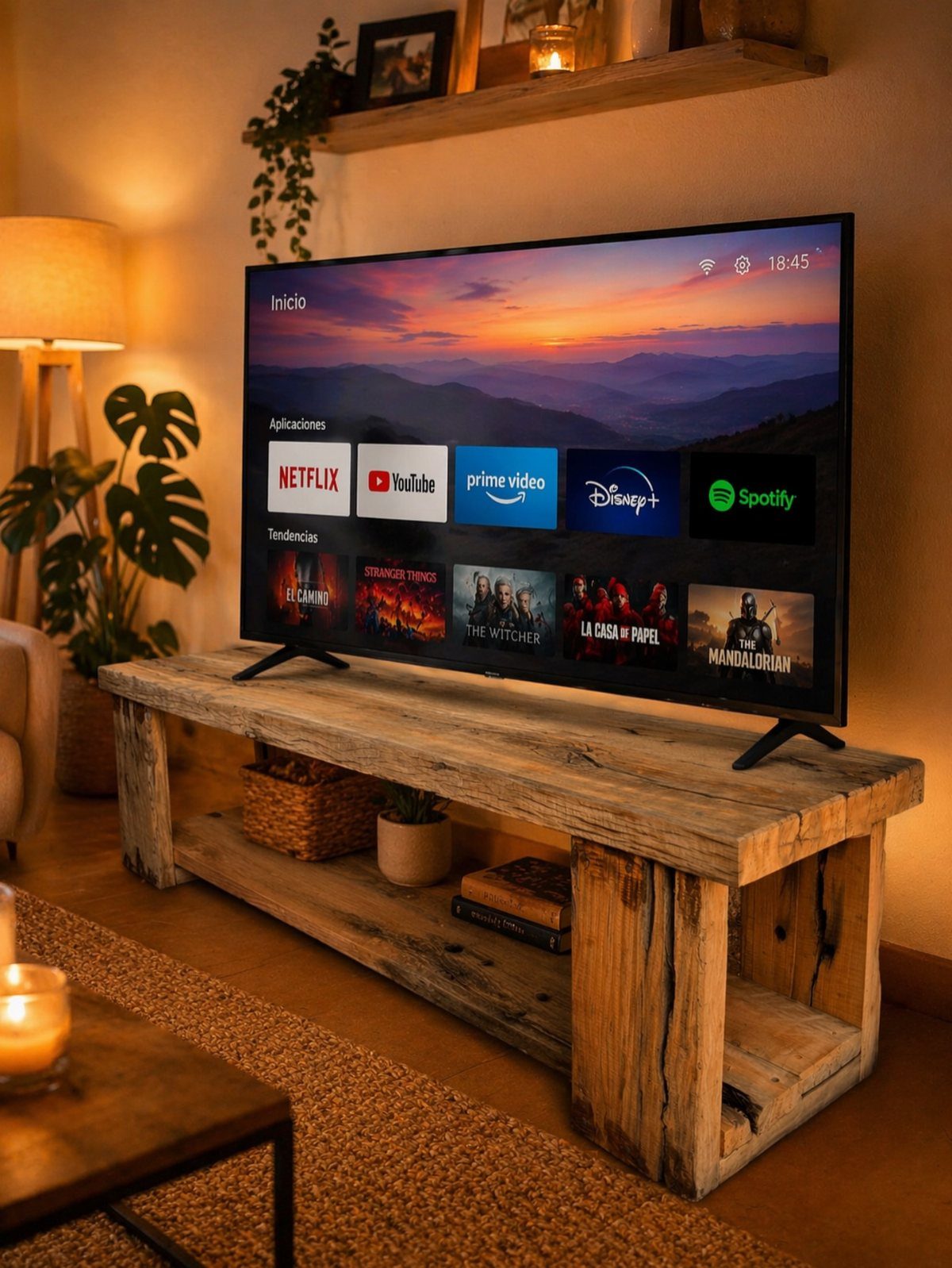 39 TV Design Ideas, from Built-In Shelving to Fireplace Walls 37 Flat-screen television on a rustic wooden console table in a cozy living room setting