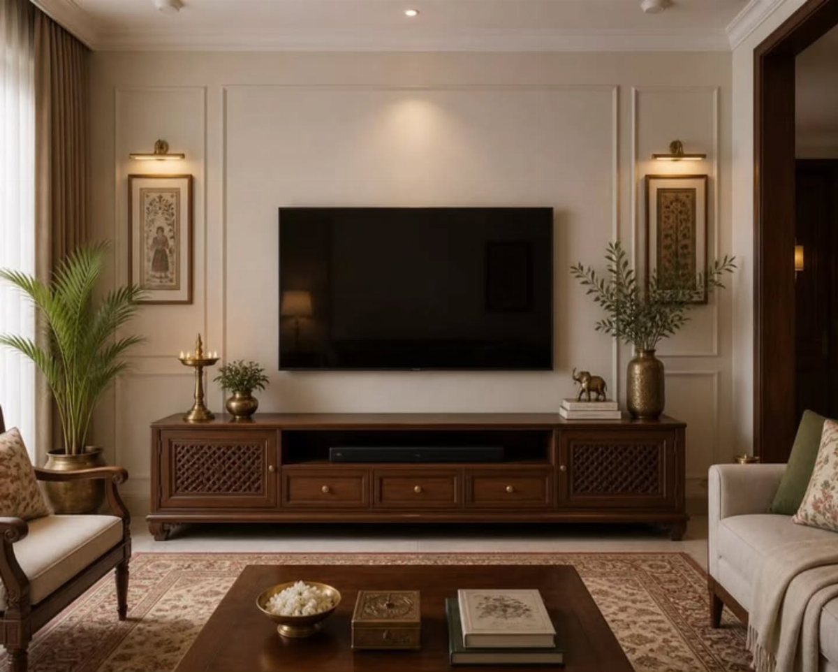 39 TV Design Ideas, from Built-In Shelving to Fireplace Walls 16 Dark brown wooden TV unit with carved doors under a wall-mounted television.