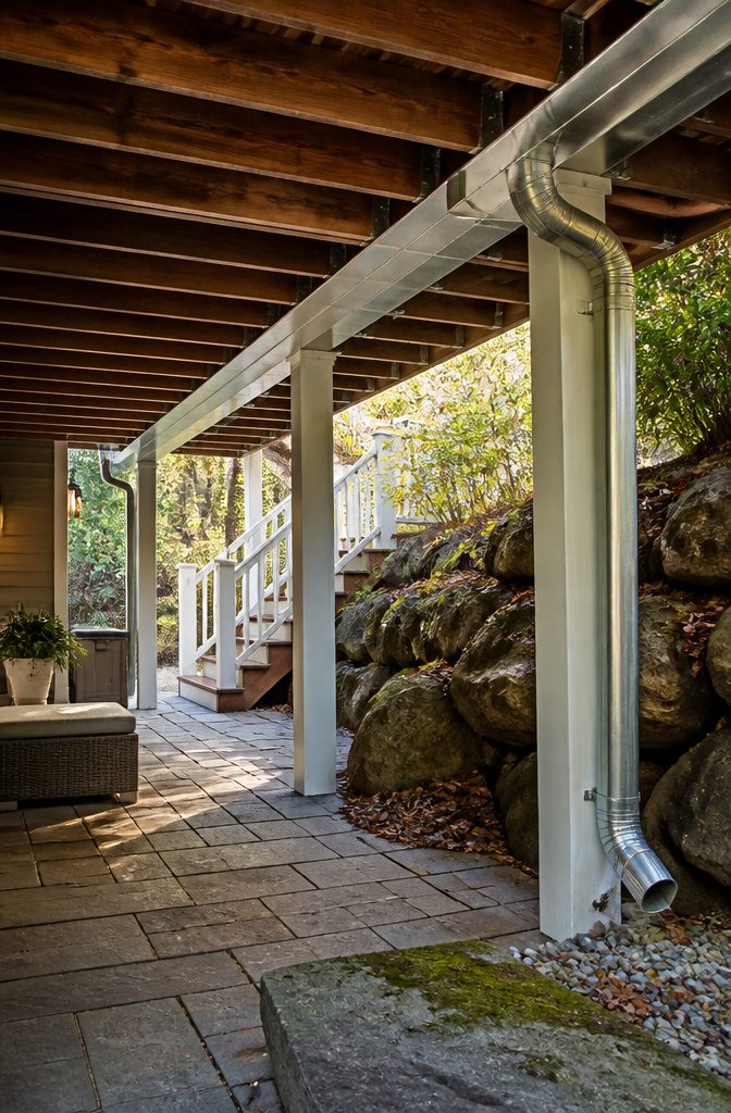 A network of troughs and downspouts installed under a deck.