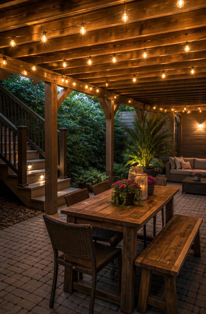 Softly lit under-deck area with string lights illuminating the space.