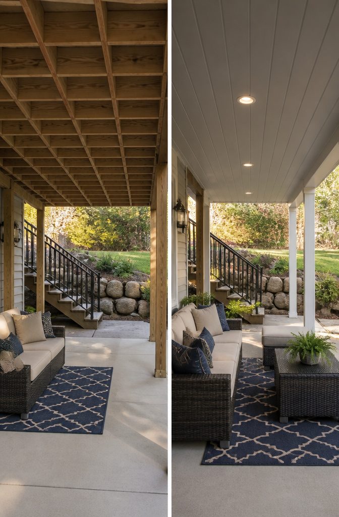 An aesthetically pleasing under-deck ceiling design matching the house.