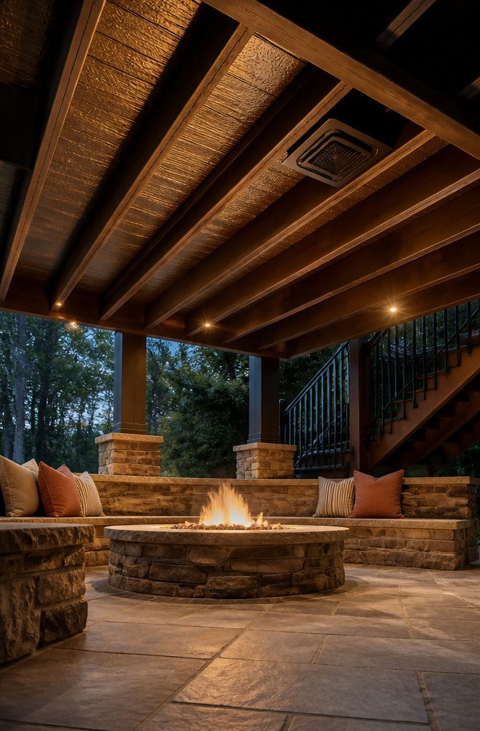 A fire pit area located beneath a deck with safety measures in place.
