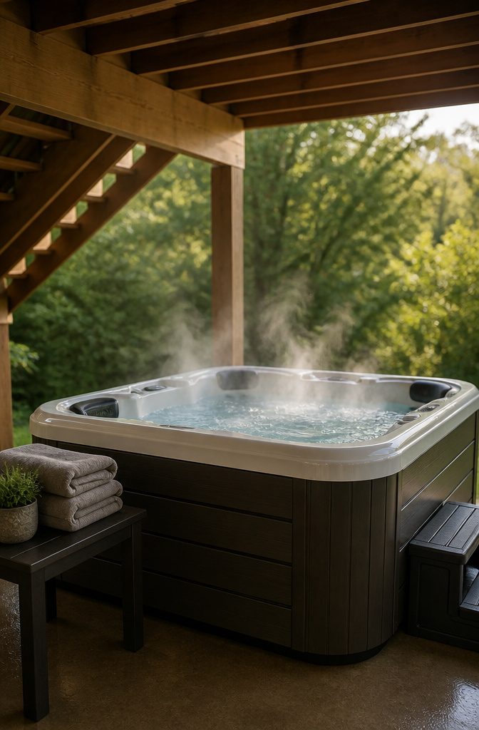 A hot tub installed beneath an elevated deck with privacy panels.