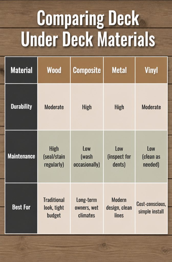 A comparison chart of materials used for under deck installations.