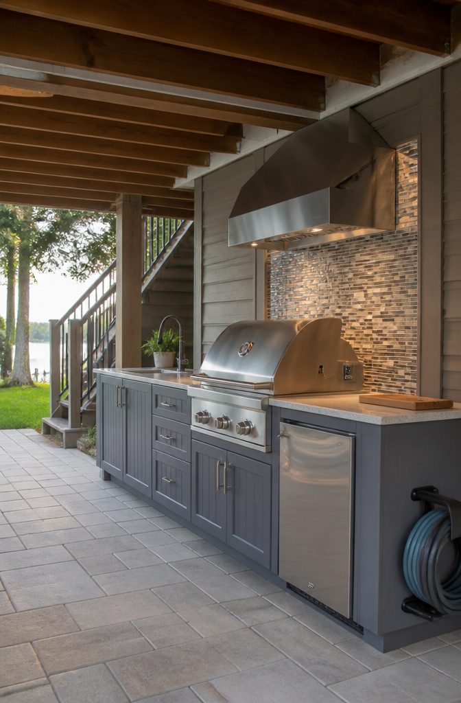 An outdoor kitchen setup beneath a deck with cooking surfaces and cabinets.