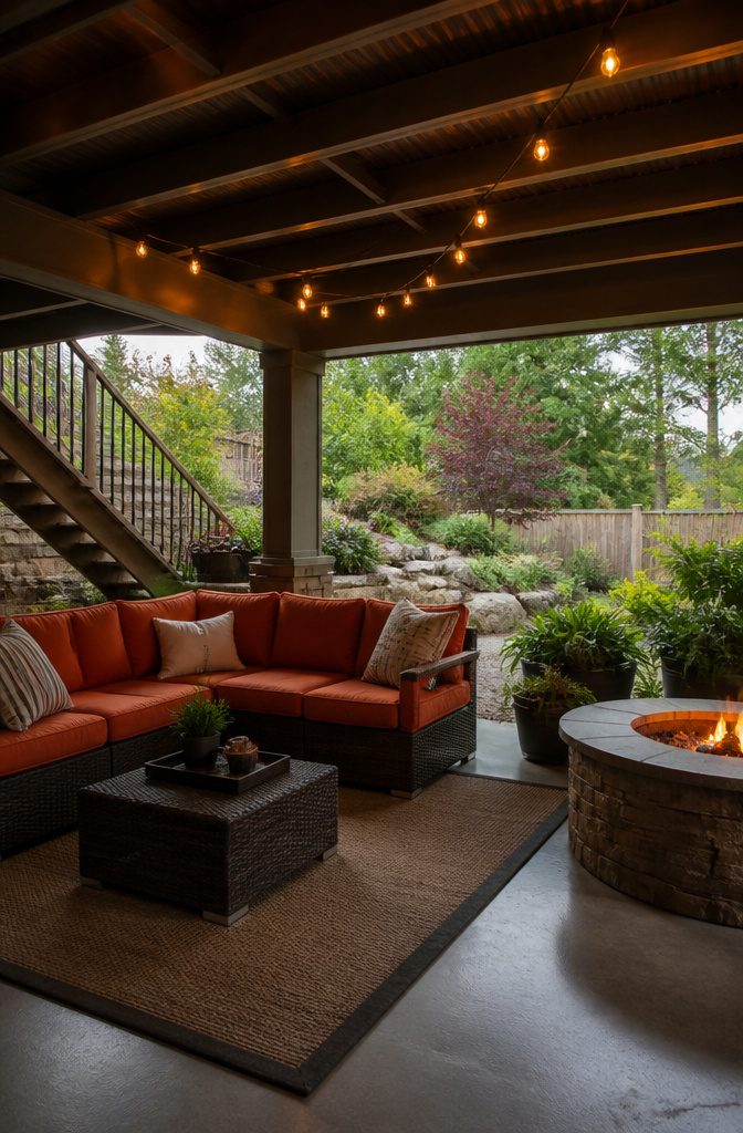 A cozy outdoor living area with sectional seating under an elevated deck.