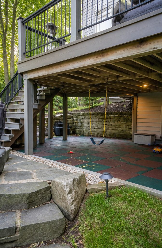 A safe play area for kids located under a deck, featuring ground covering.