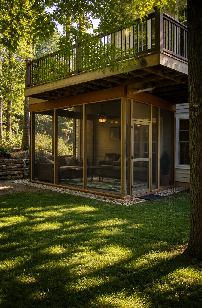 A screened-in porch area beneath a deck with framing and screen.