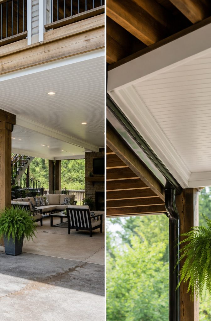 An under-deck ceiling system installed beneath a wooden deck.