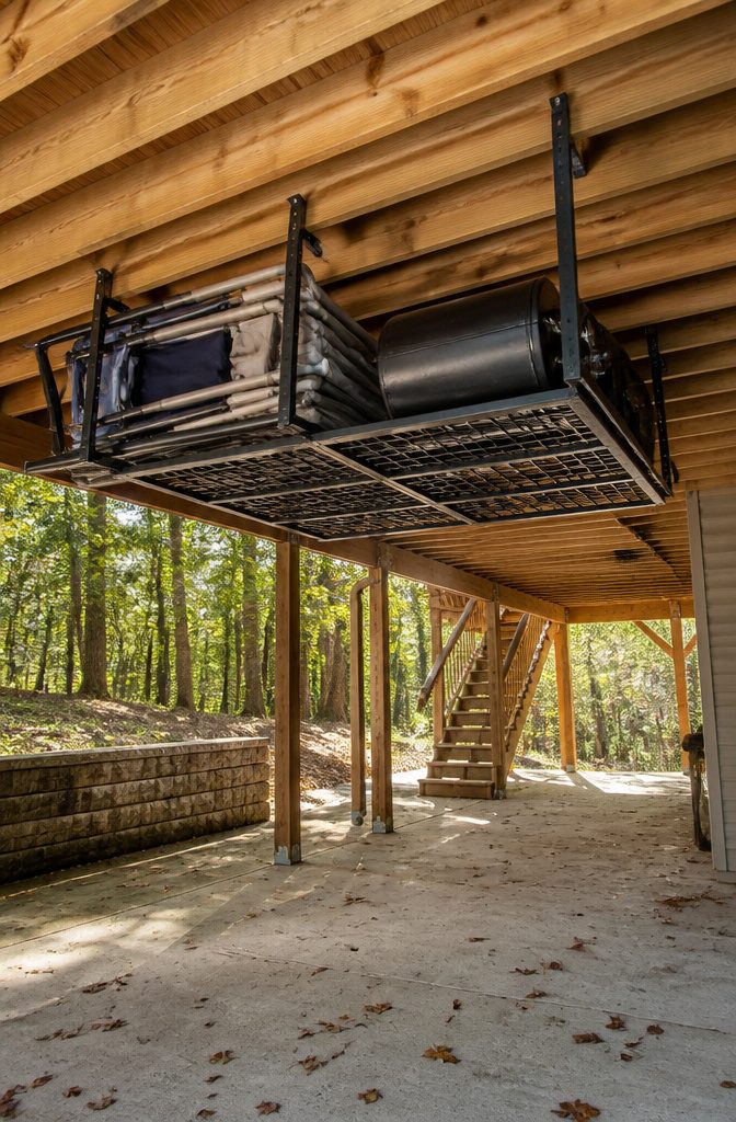 A ceiling mounted rack installed under a deck holding various tools.