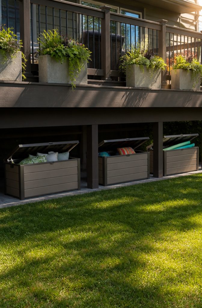 Three stylish deck boxes positioned under a raised deck.