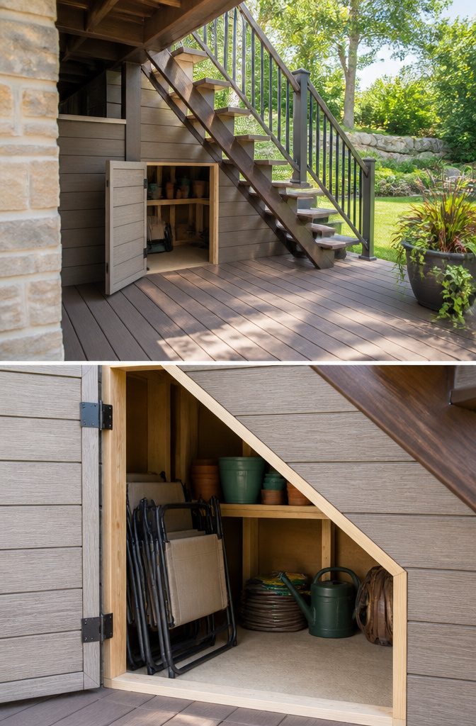 Hollow space under deck stairs with a door for storage access.