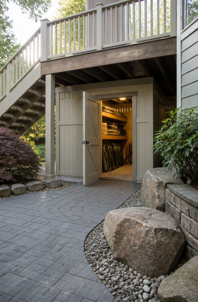 A fully enclosed under-deck storage room with organized shelves.