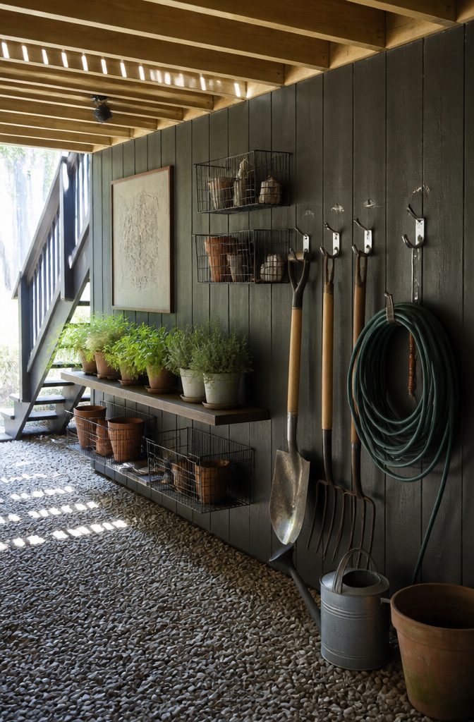 Hooks and baskets mounted on the wall under a deck for storage.