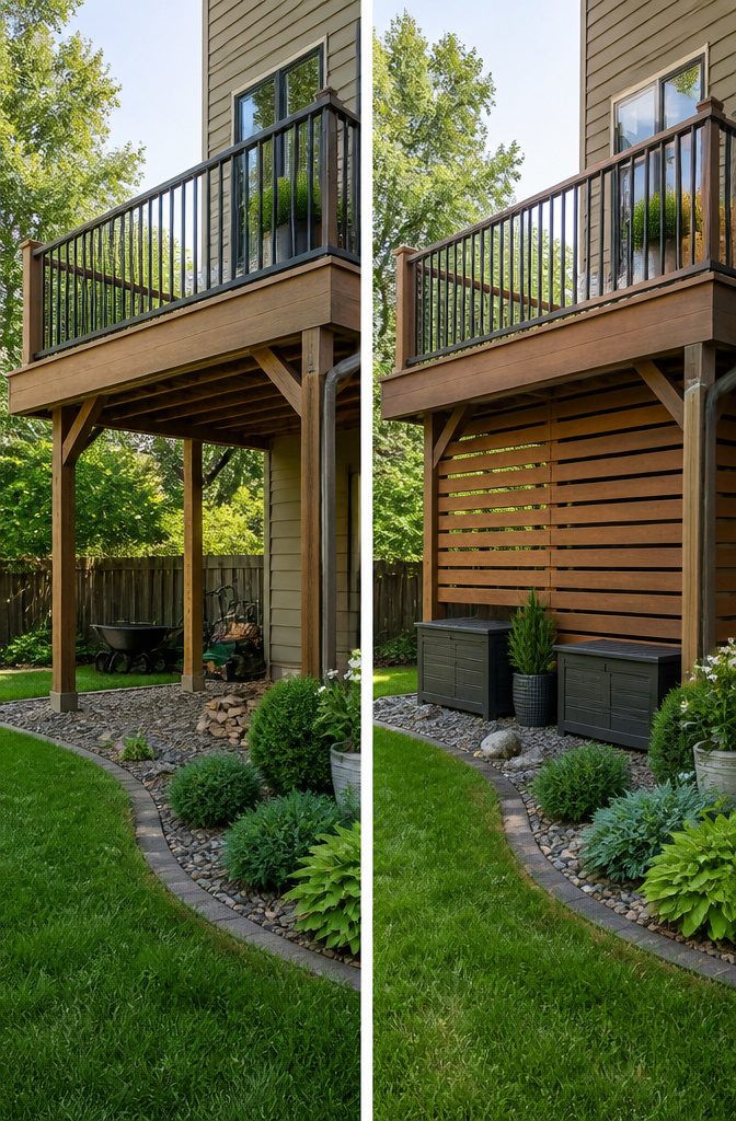 The view of under-deck storage solutions from the yard, showing a cohesive look.