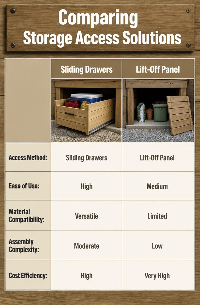A visual comparison of different under-deck storage access solutions.
